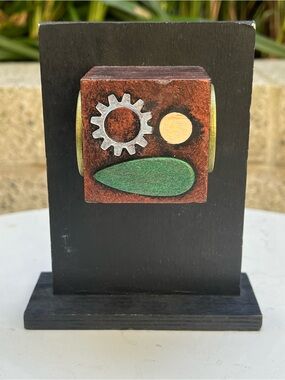 Handcrafted Abstract Wooden Art Block in Black and Brown with Green Accent
